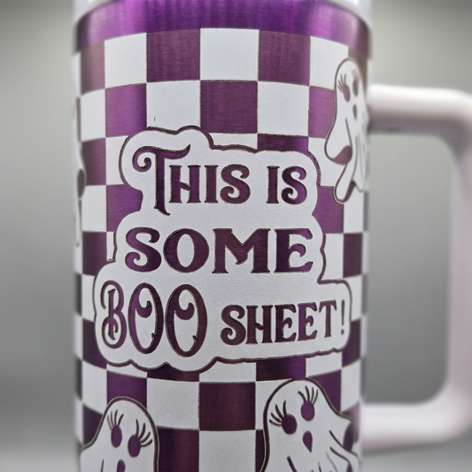 40oz Boo Sheet Halloween tumbler - close-up of laser engraved ghost detail