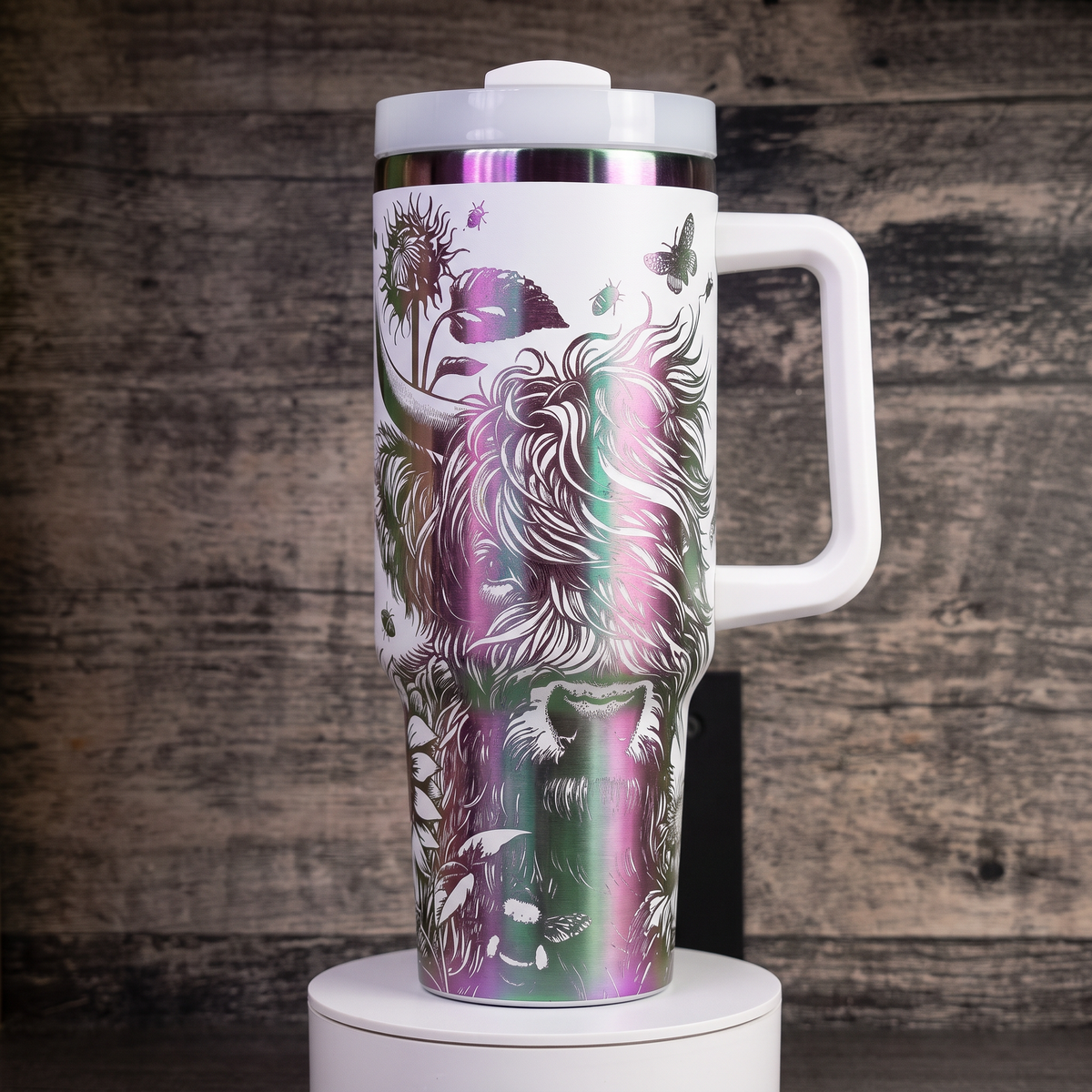 40oz Highland Cow and Sunflowers tumbler with handle - laser engraved holographic farmhouse gift cup