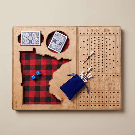 Horse race board game - Minnesota-shaped racecourse with buffalo plaid lining, dice, cards, and finish line scoring track, studio hero shot