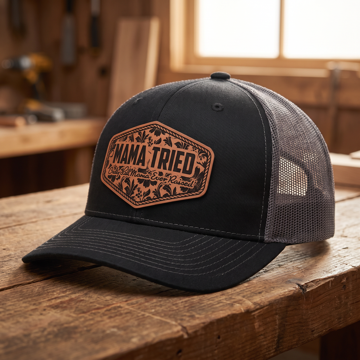Mama Tried Leatherette Patch Trucker Hat - Black/Charcoal Grey