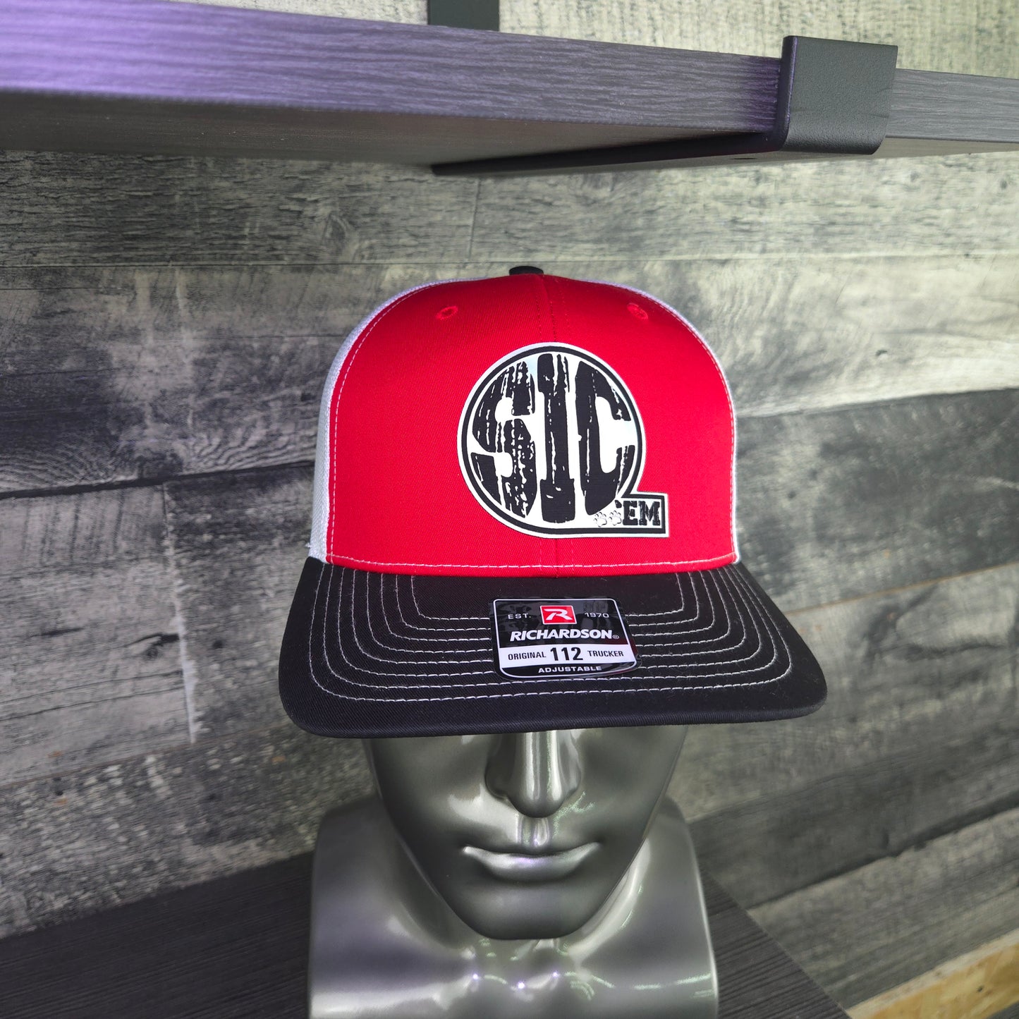 SIC ’EM Trucker Hat – Richardson 112 Snapback | Red, Black & White Mesh Cap