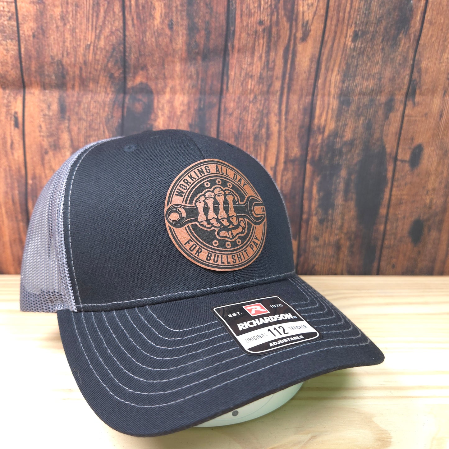 “Working All Day for Bullsh*t Pay” Leather Patch Hat – Richardson 112 Trucker | Blue Collar Classic