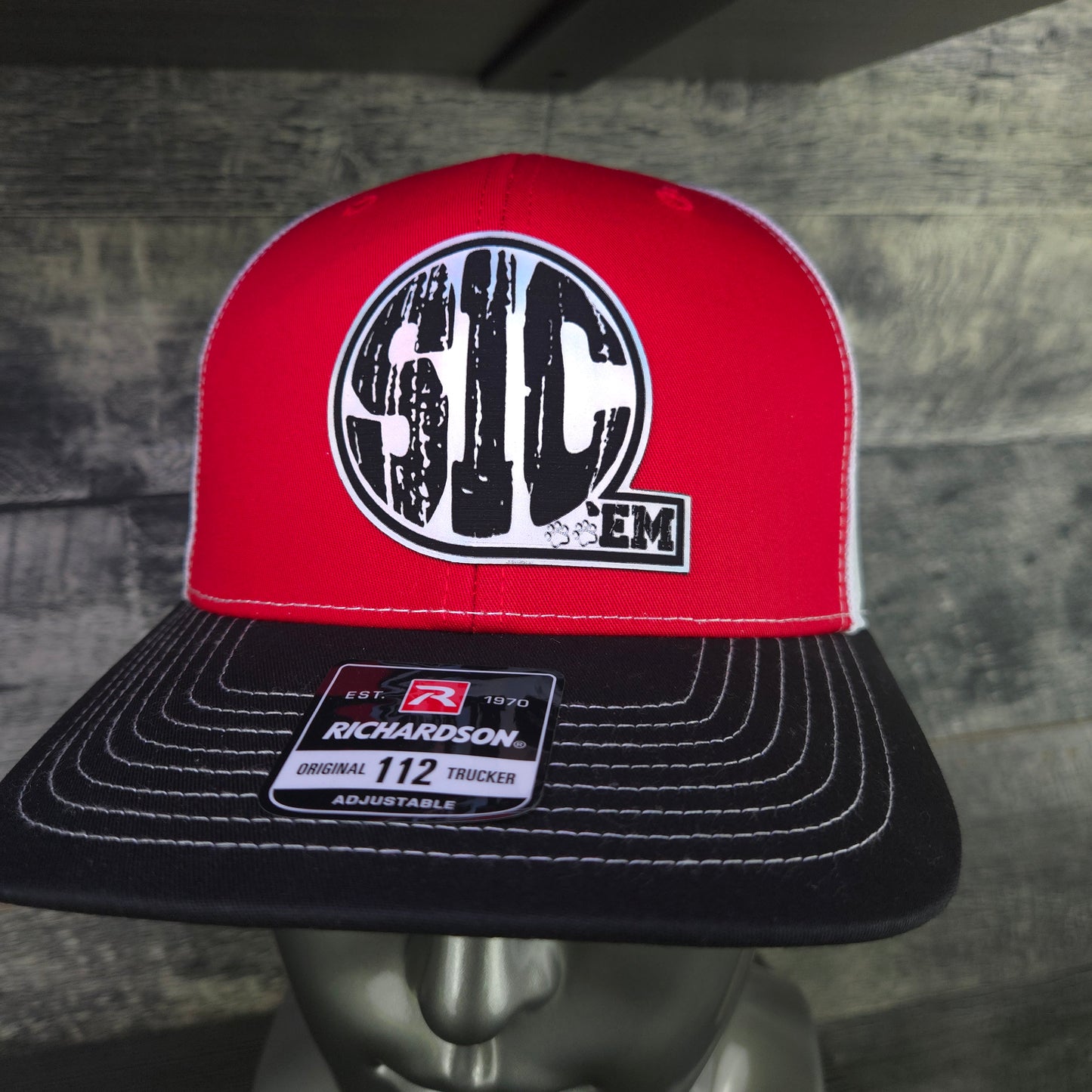 SIC ’EM Trucker Hat – Richardson 112 Snapback | Red, Black & White Mesh Cap