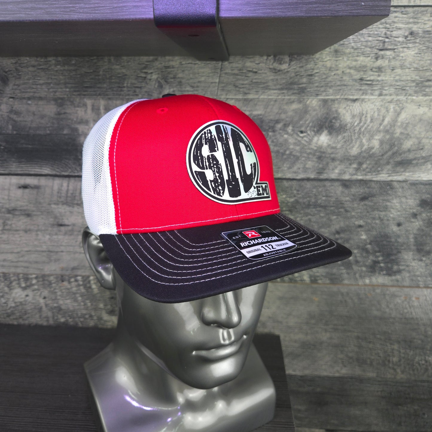 SIC ’EM Trucker Hat – Richardson 112 Snapback | Red, Black & White Mesh Cap