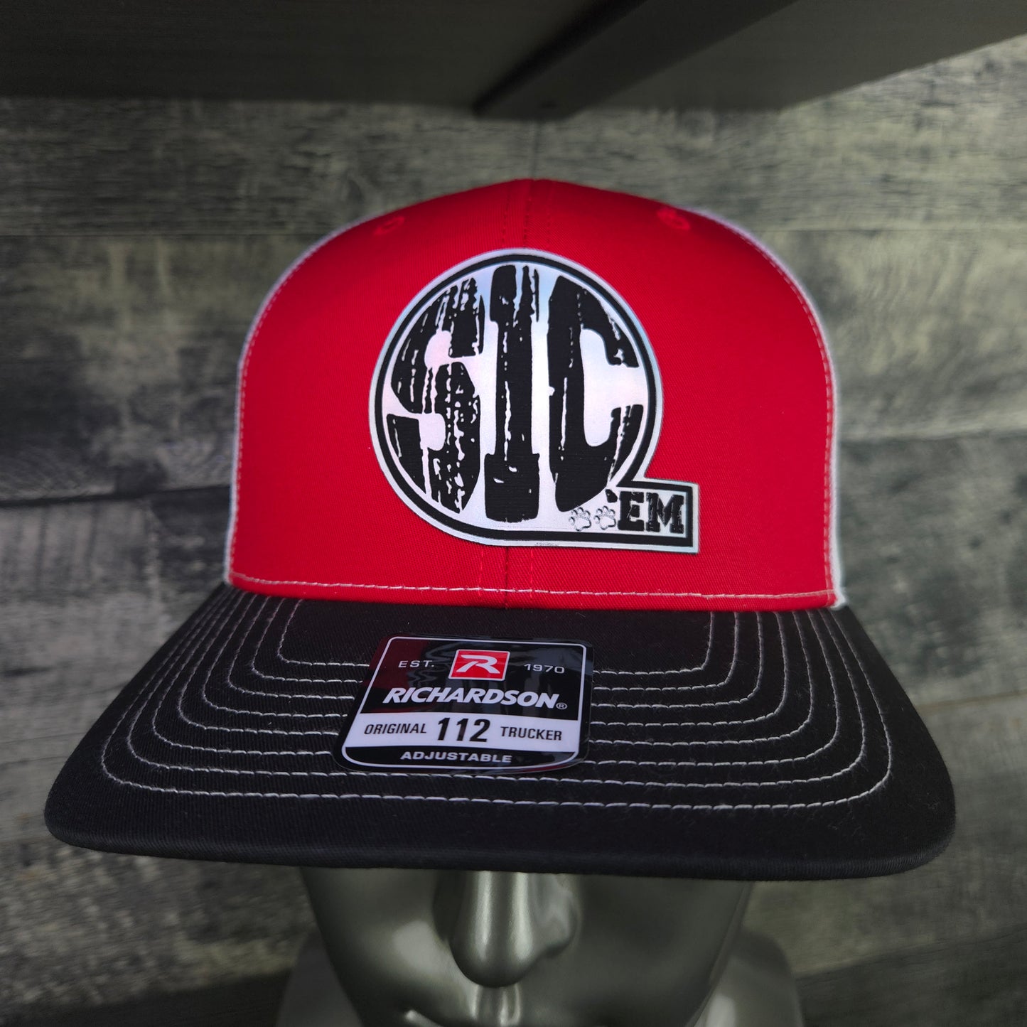 SIC ’EM Trucker Hat – Richardson 112 Snapback | Red, Black & White Mesh Cap