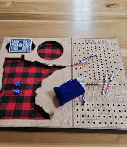 Horse race board game - full board with Minnesota-shaped buffalo plaid racecourse, dice, cards, and finish line scoring track on cherry plywood