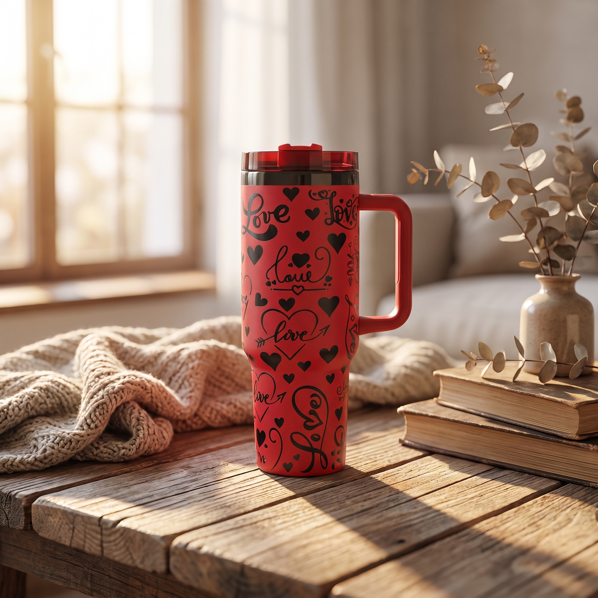 40oz Valentines Love tumbler - red insulated stainless steel tumbler, studio lifestyle shot