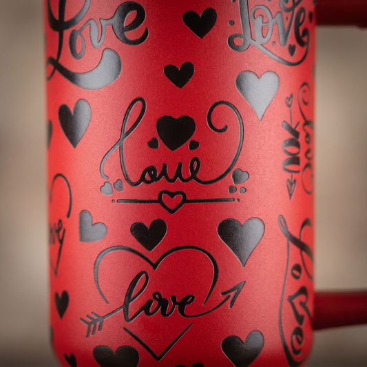 40oz Valentines Love tumbler - close-up of laser engraved heart and Love script detail
