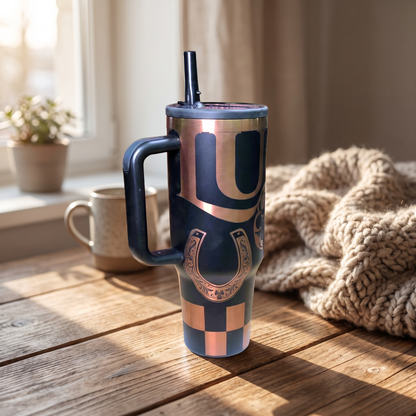 40oz Lucky Shamrock tumbler - black and copper insulated stainless steel tumbler, studio lifestyle shot