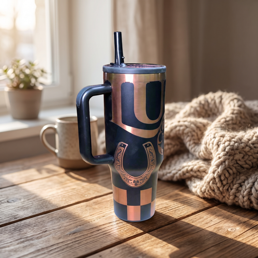 40oz Lucky Shamrock tumbler - black and copper insulated stainless steel tumbler, studio lifestyle shot