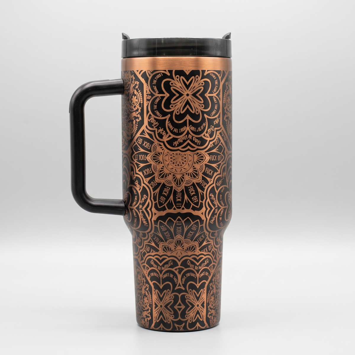 Laser engraved mandala pattern 40oz tumbler with bold lettering - studio hero shot