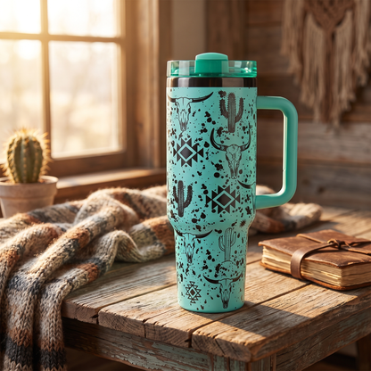 Laser engraved western skull and cactus 40oz tumbler - studio lifestyle shot