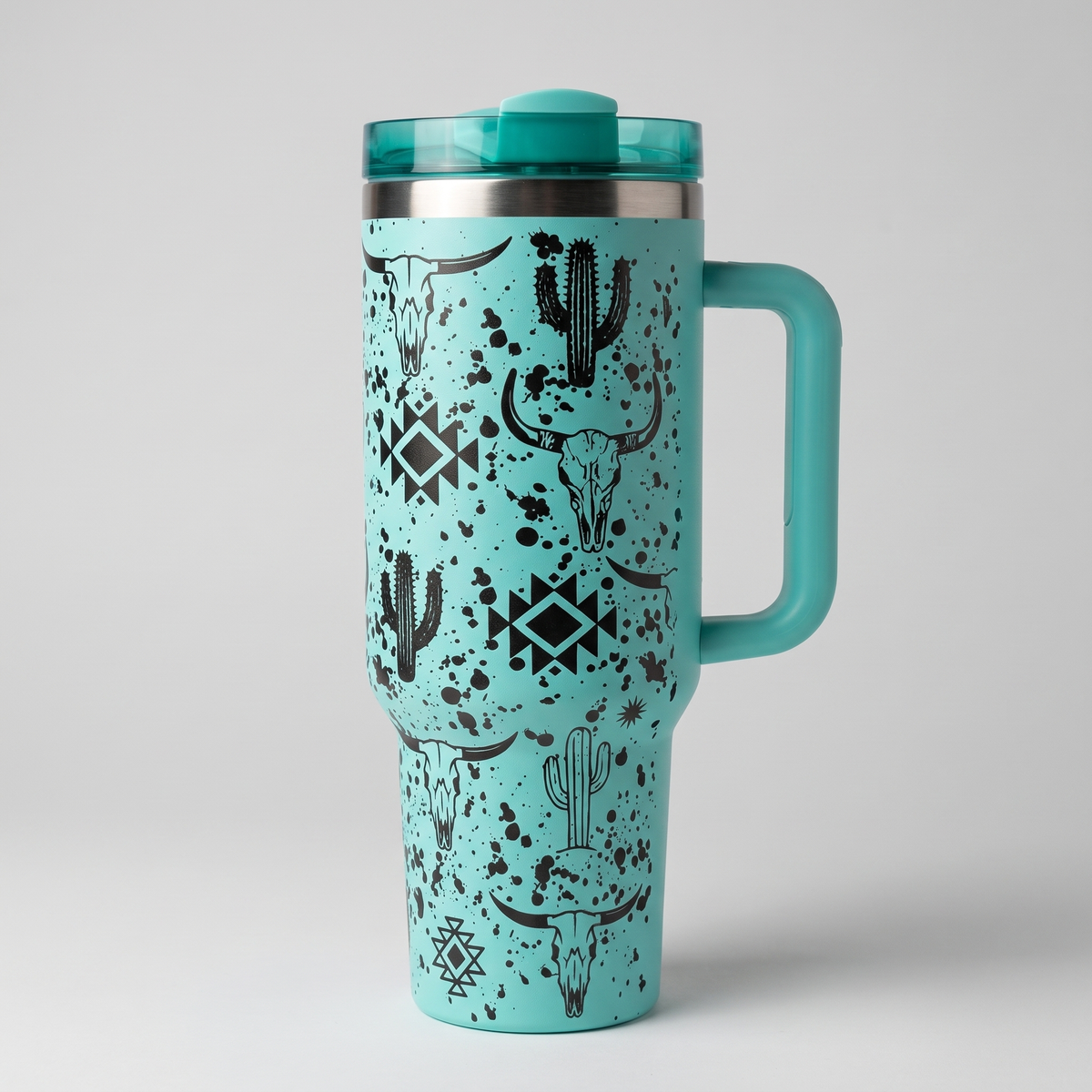 Laser engraved western skull and cactus 40oz tumbler - studio angle shot