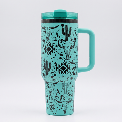 Laser engraved western skull and cactus 40oz tumbler - studio hero shot