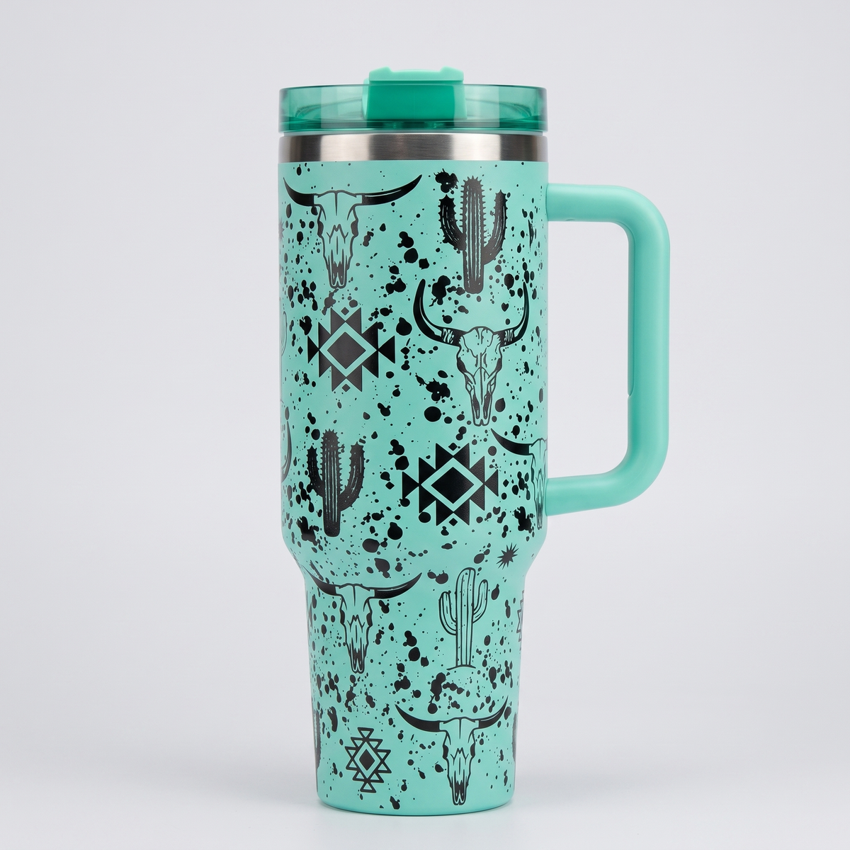 Laser engraved western skull and cactus 40oz tumbler - studio profile shot