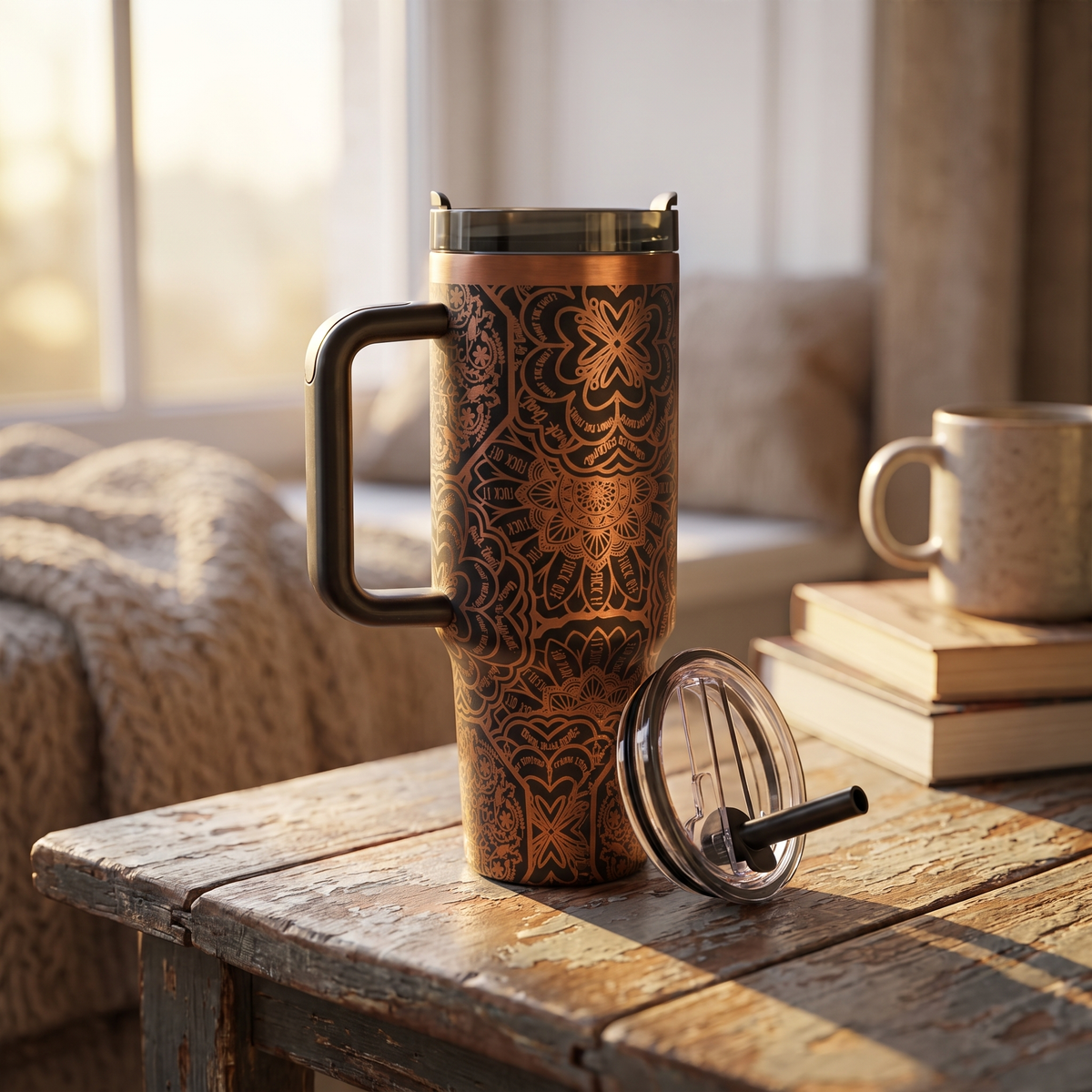 Laser engraved mandala pattern 40oz tumbler with bold lettering - studio lifestyle shot