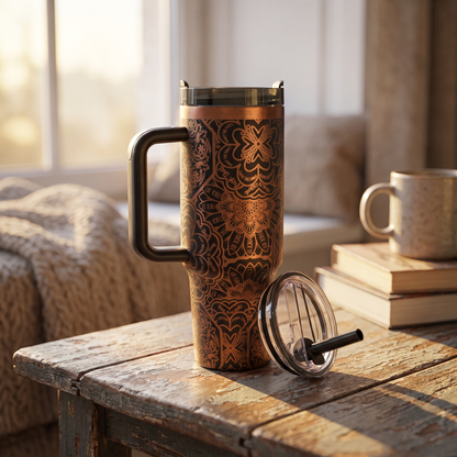 Laser engraved mandala pattern 40oz tumbler with bold lettering - studio lifestyle shot