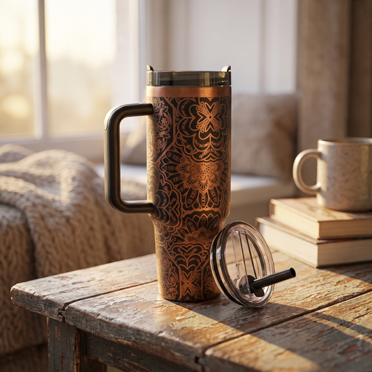 Laser engraved mandala pattern 40oz tumbler with bold lettering - studio lifestyle shot