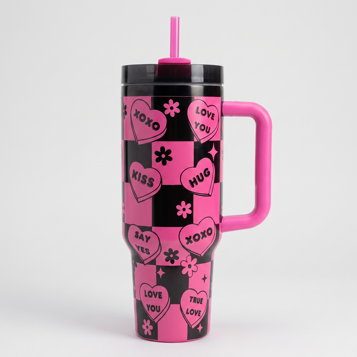 40oz Love Notes tumbler with pink handle - insulated stainless steel Valentine's gift cup