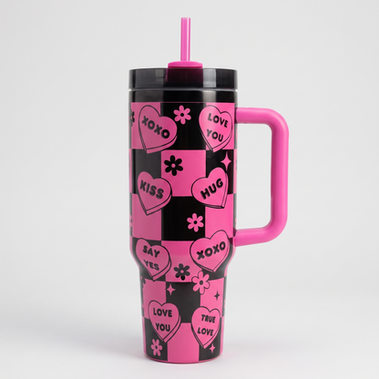 40oz Love Notes tumbler with pink handle - insulated stainless steel Valentine's gift cup