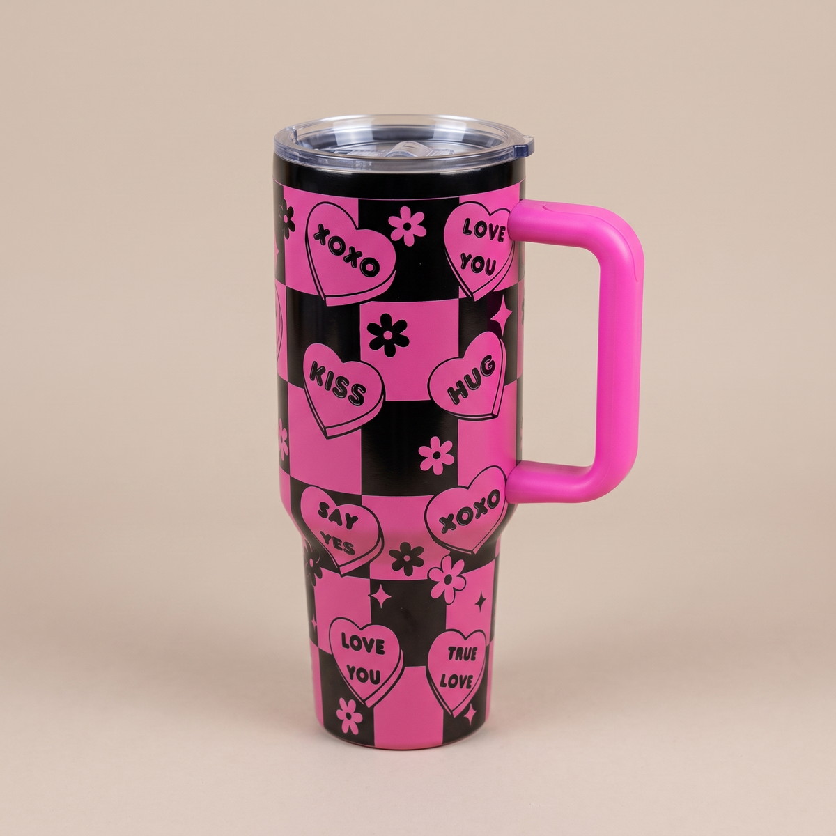40oz Love Notes tumbler - pink and black checkered candy heart laser engraving, studio angle shot