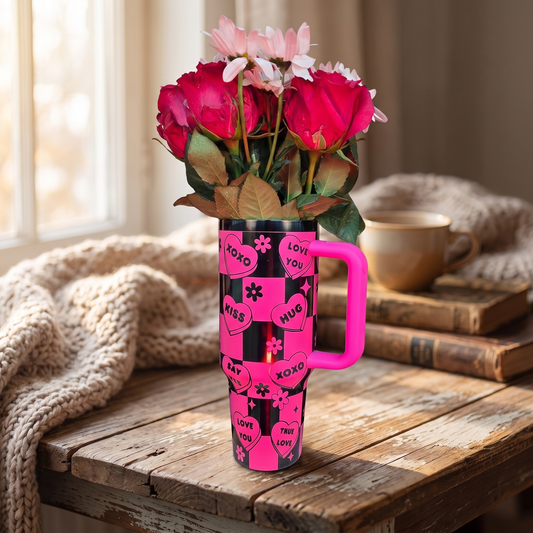 40oz Love Notes tumbler - pink candy heart tumbler, studio lifestyle shot