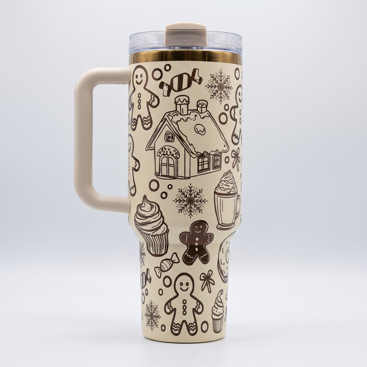40oz Gingerbread tumbler - cream and copper laser engraved gingerbread house design, studio hero shot
