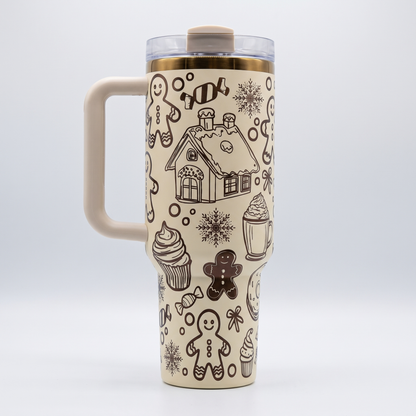 40oz Gingerbread tumbler - cream and copper laser engraved gingerbread house design, studio hero shot