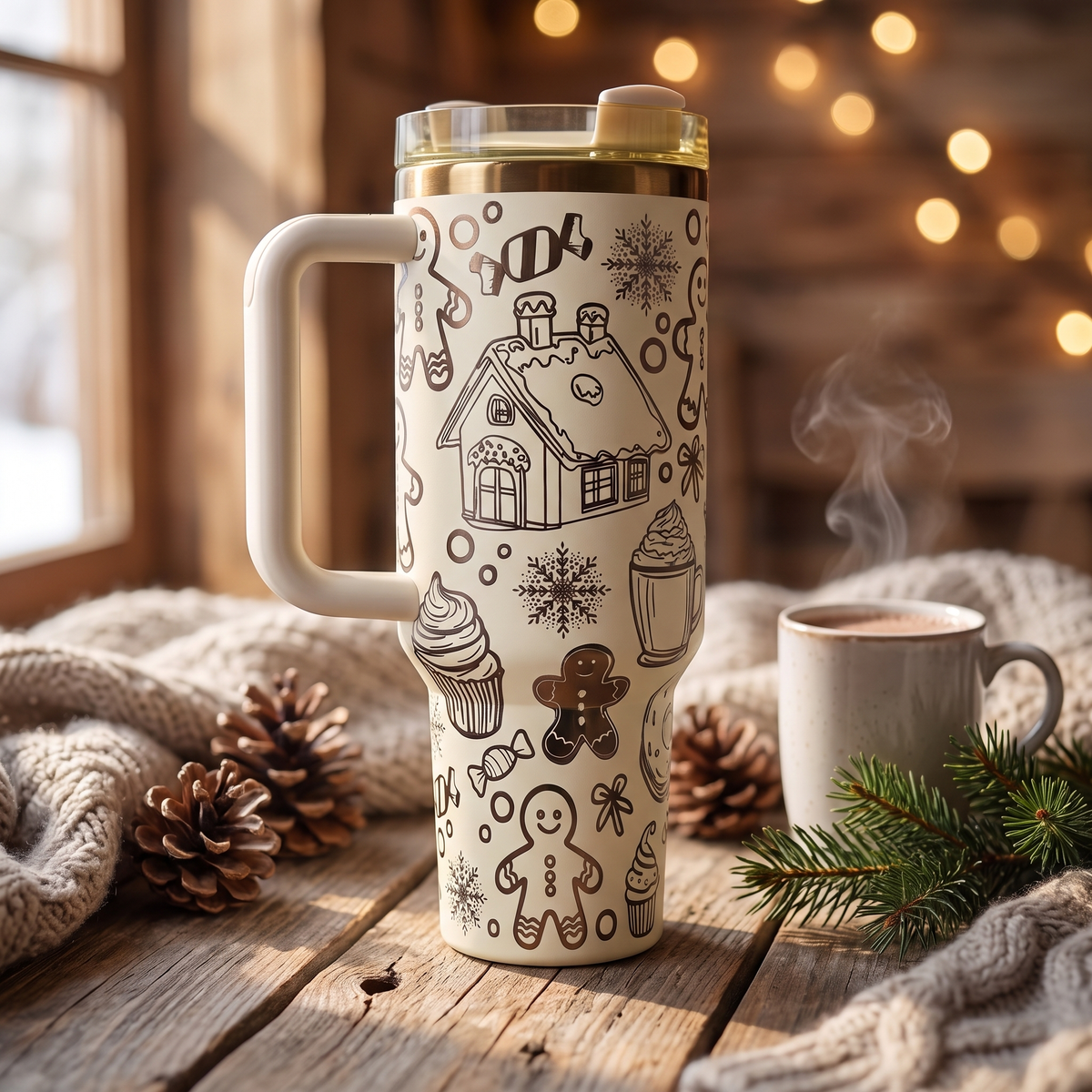 40oz Gingerbread tumbler - cream Christmas holiday tumbler, studio lifestyle shot
