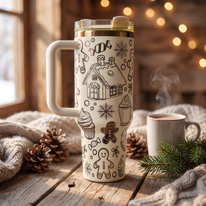 40oz Gingerbread tumbler - cream Christmas holiday tumbler, studio lifestyle shot