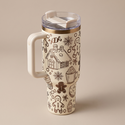 40oz Gingerbread tumbler - cream and copper laser engraved holiday design, studio angle shot