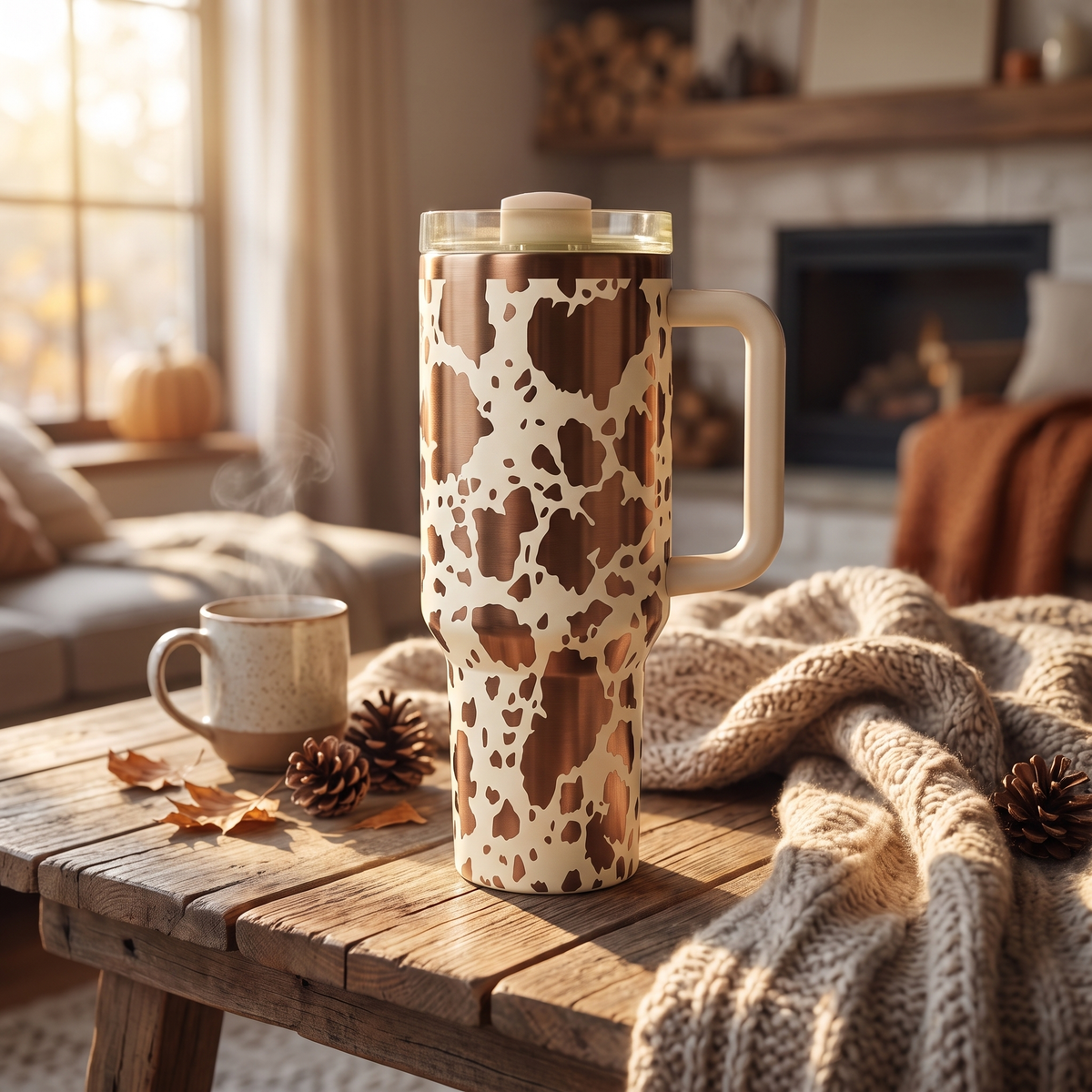 40oz Cow Print tumbler - farmhouse style insulated stainless steel tumbler, studio lifestyle shot
