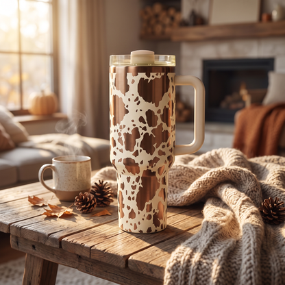 40oz Cow Print tumbler - farmhouse style insulated stainless steel tumbler, studio lifestyle shot