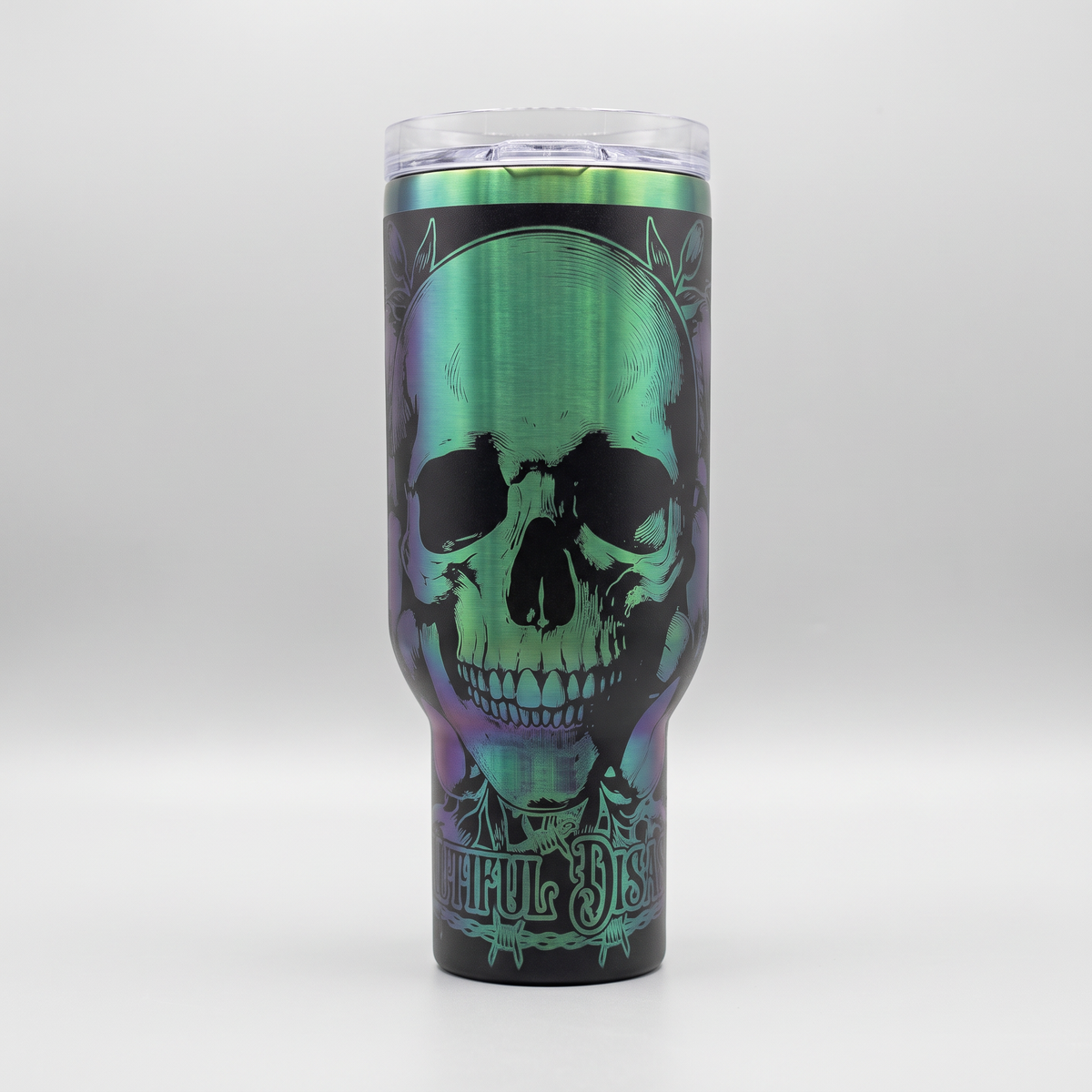 40oz Beautiful Disaster tumbler - laser engraved holographic skull design, studio hero shot