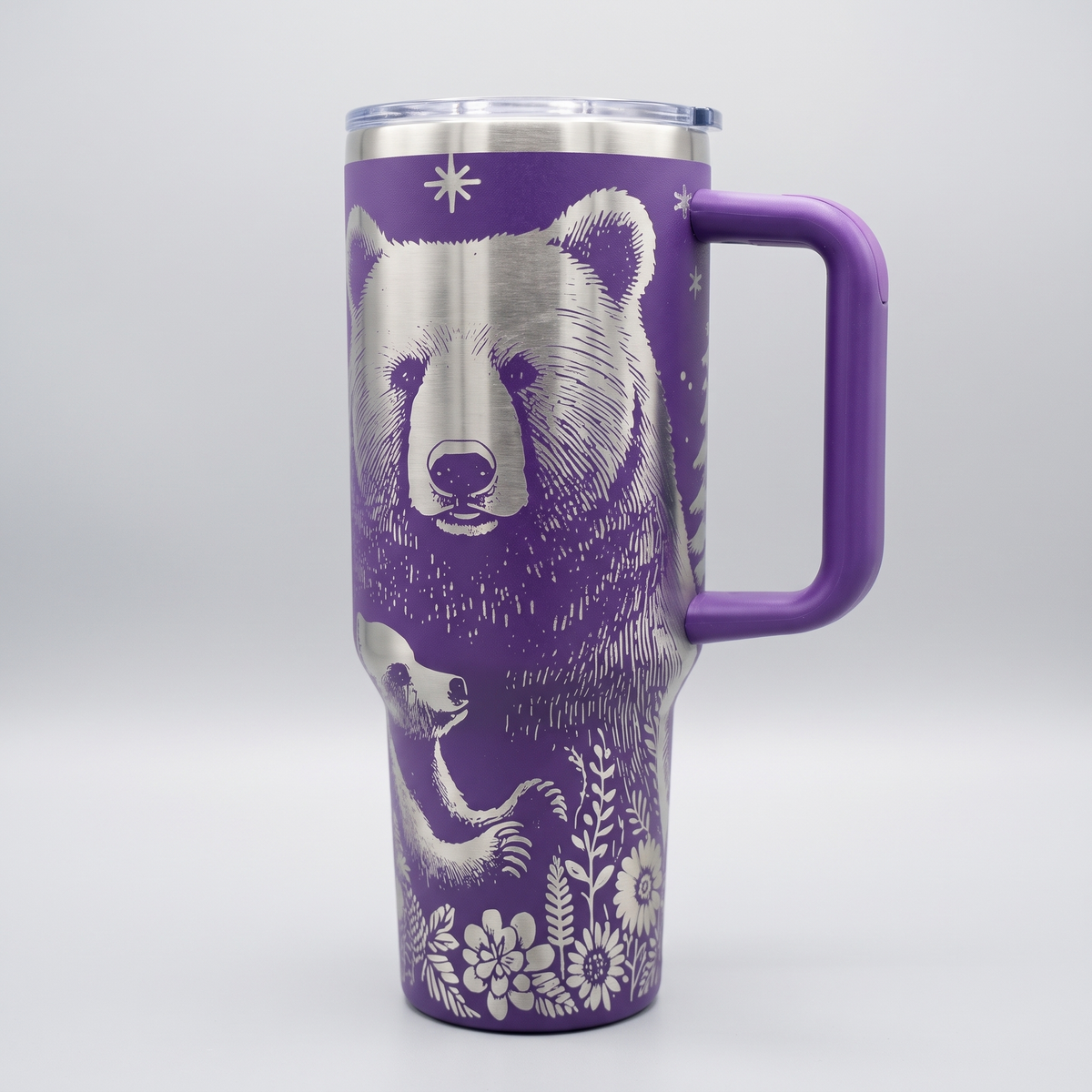 40oz Mama Bear tumbler with handle - studio angle shot