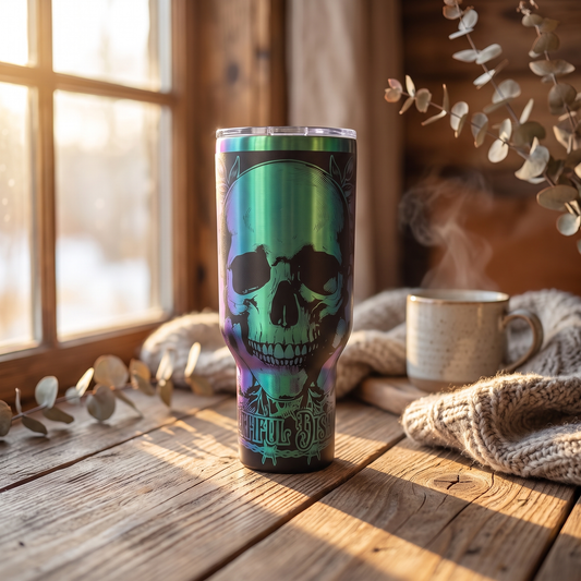 40oz Beautiful Disaster tumbler - cozy cabin lifestyle shot