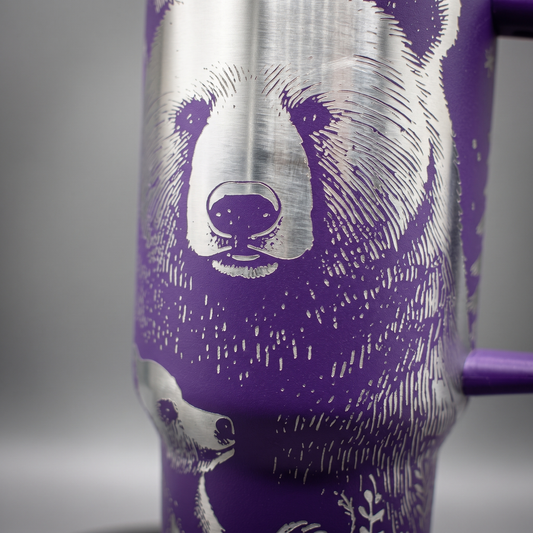 40oz Mama Bear tumbler - close-up of laser engraved bear detail