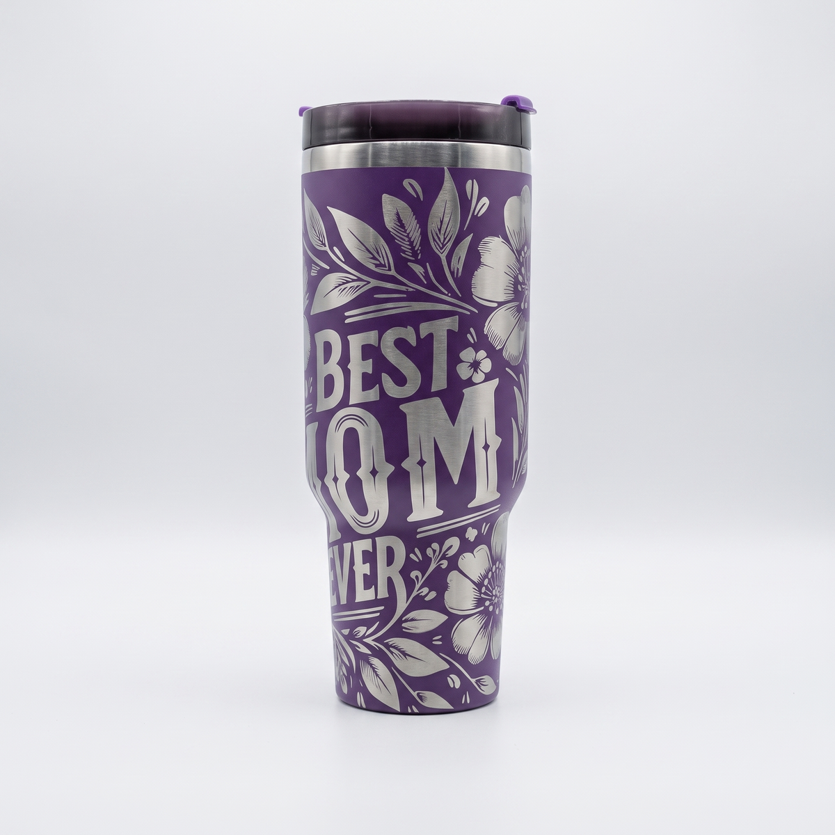 40oz Best Mom Ever tumbler - laser engraved Best Mom Ever text with floral vine design on purple tumbler, studio hero shot