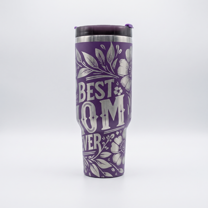 40oz Best Mom Ever tumbler - laser engraved Best Mom Ever text with floral vine design on purple tumbler, studio hero shot