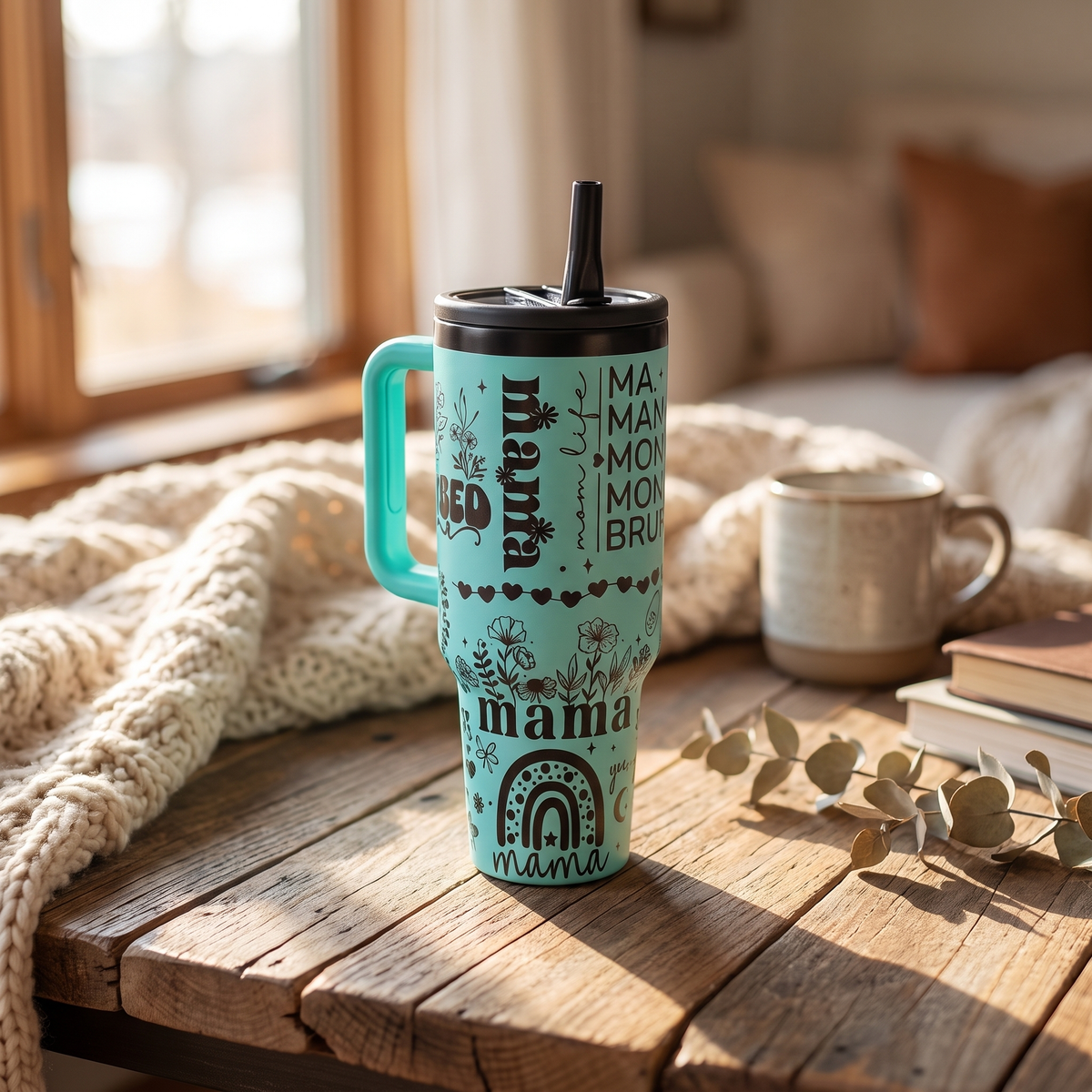 40oz Mom Life tumbler - teal insulated stainless steel tumbler, studio lifestyle shot