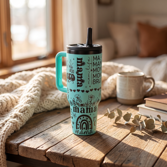 40oz Mom Life tumbler - teal insulated stainless steel tumbler, studio lifestyle shot