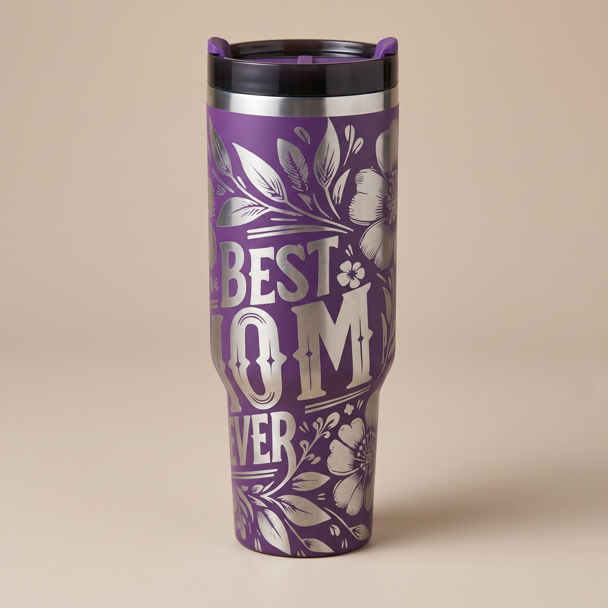 40oz Best Mom Ever tumbler with handle - studio angle shot