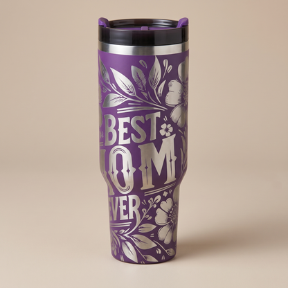 40oz Best Mom Ever tumbler with handle - studio angle shot