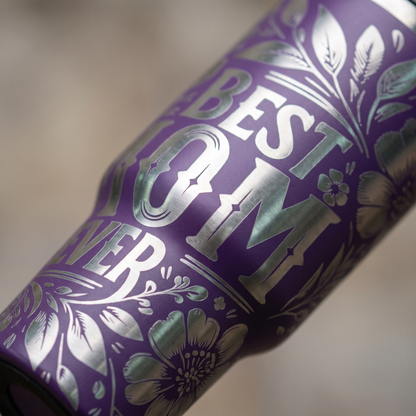40oz Best Mom Ever tumbler - close-up of laser engraved floral vine detail