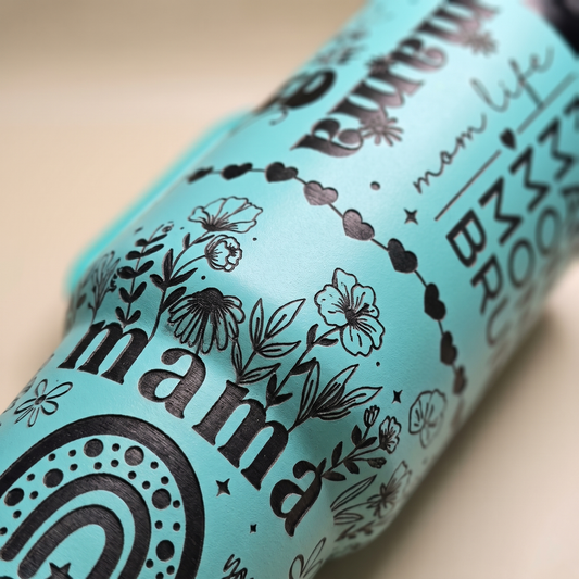 40oz Mom Life tumbler - close-up of laser engraved mom life text and floral detail