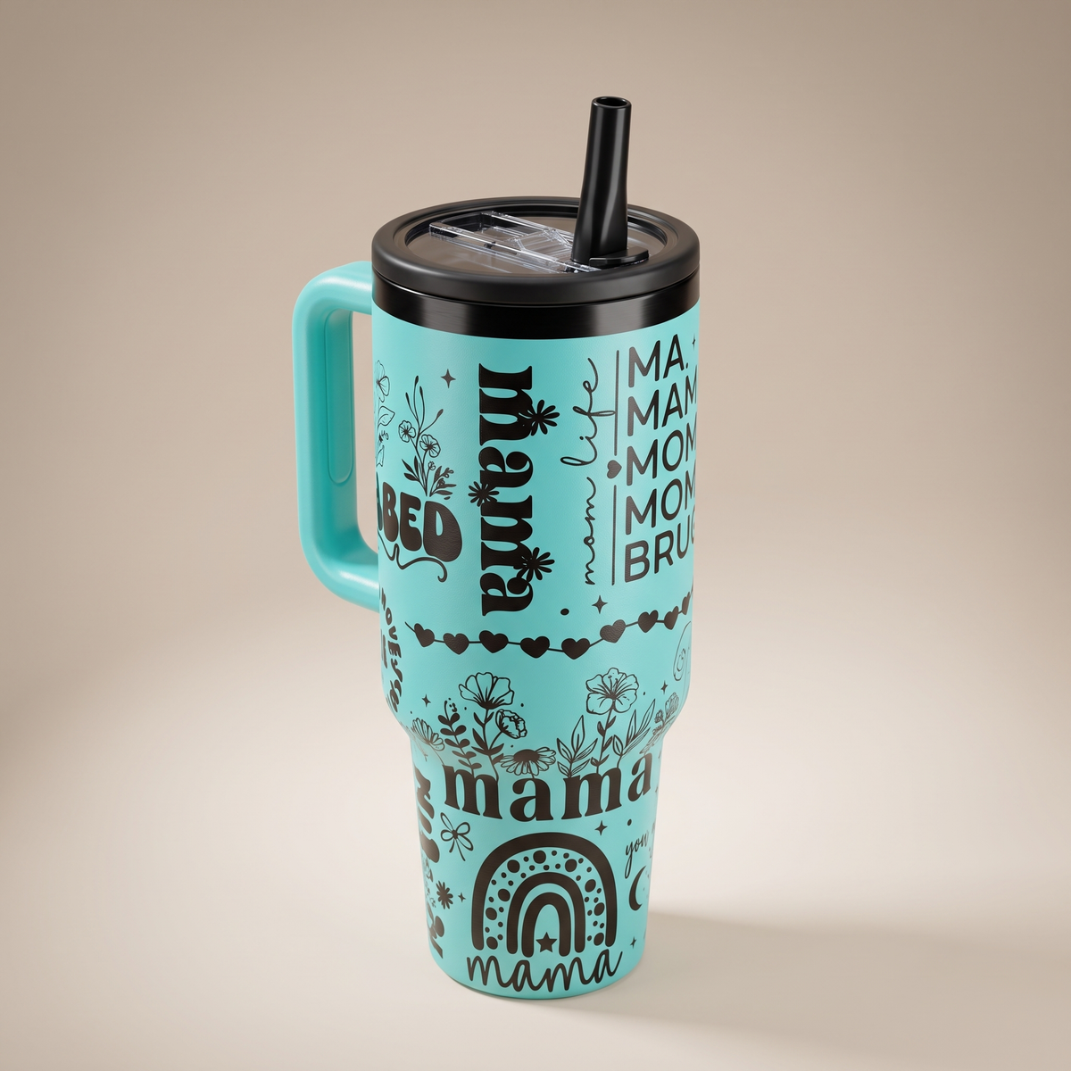 40oz Mom Life tumbler with handle - studio angle shot