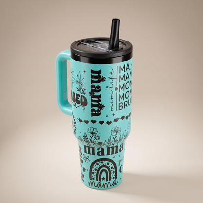 40oz Mom Life tumbler with handle - studio angle shot