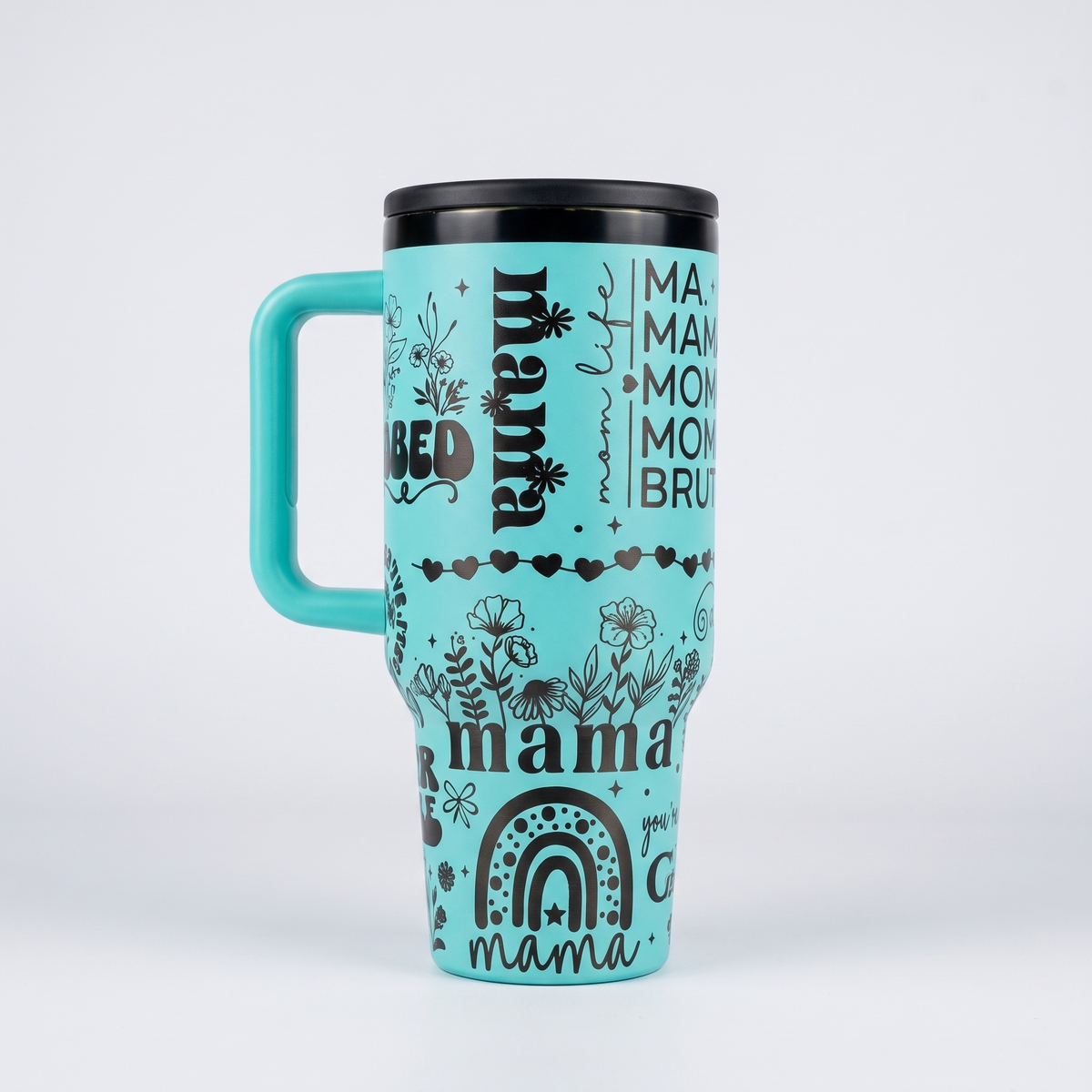 40oz Mom Life tumbler - laser engraved mom nicknames pattern with hearts and flowers on teal tumbler, studio hero shot