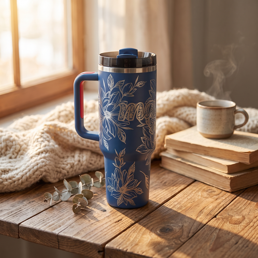 40oz Mama Peonies tumbler - navy insulated stainless steel tumbler, studio lifestyle shot