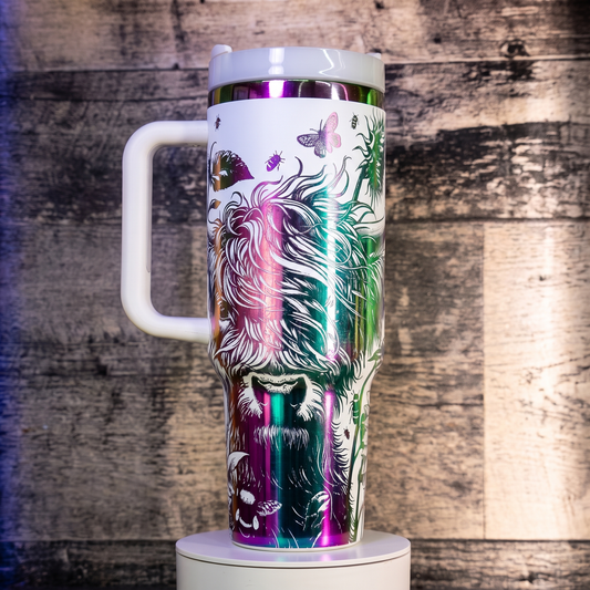 40oz Highland Cow and Sunflowers tumbler with handle - studio angle shot